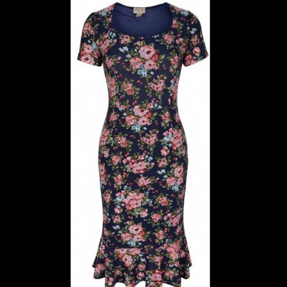 Lindy Bop Arabella Navy Blossom Fishtail Wiggle Dress